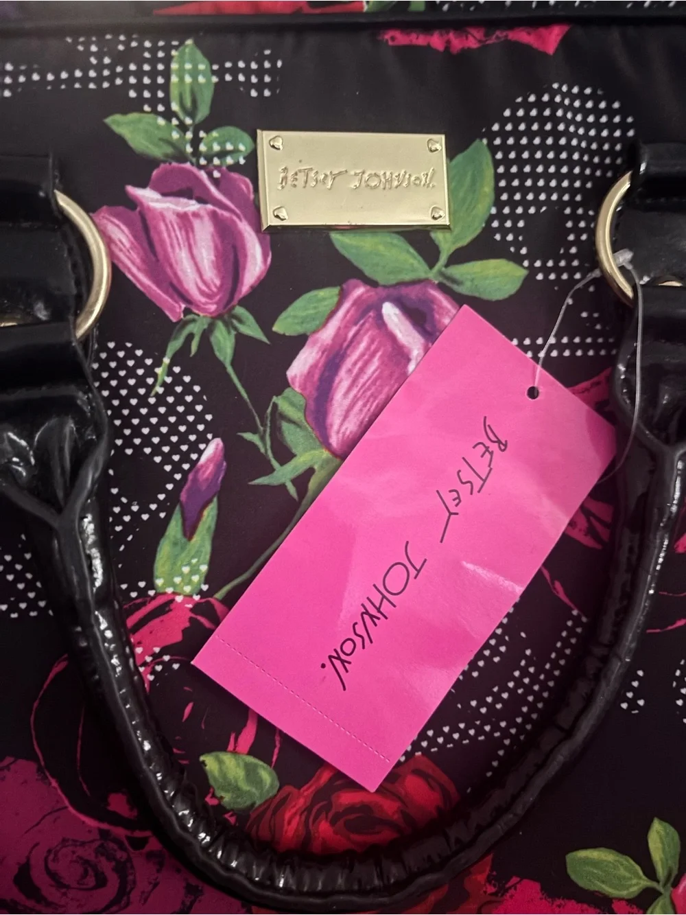 🌹NEW BETSY JOHNSON Floral Rose Travel Tote Bag OR computer bag-Bold Red & Purple